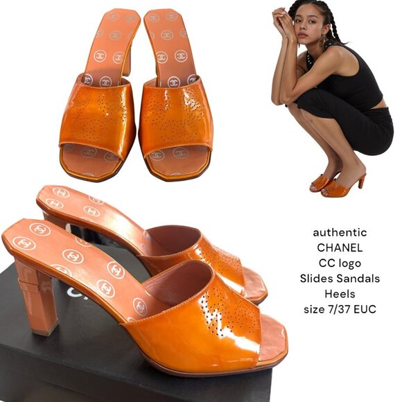 authentic CHANEL LOGO CC Slip On Mules Sandals Slides Heels Made in ITALY size 7 - Picture 1 of 6